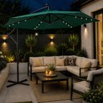 Green 3m Solar Powered Cantilever Lit Banana Parasol with Crank Handle & Lights
