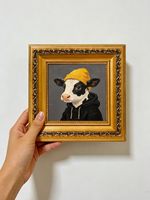 Streetwear Cow Original Custom Oil Painting,4x4 Canvas 7x7 Gold Frame