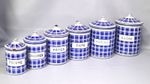 Vintage French Blue White Checkered Enamel Canister Storage Jars Lidded Set of 6