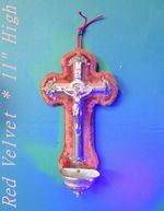 Antique French INRI Wall Crucifix Holy Water Font Red Velvet Cross 11" Religious