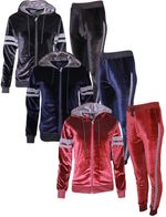 Womens Ladies Velour Velvet Hooded Top Trousers Stripe Panel 2PCS Tracksuit Set