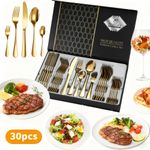 30x Cutlery Dinner Set Solid Stainless Steel Tableware Forks Tea Spoons golden