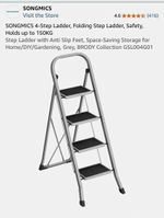 SONGMICS 4-Step Foldable Steel Step Ladder 150kg Anti-Slip Feet Grey GSLO04G01