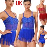 UK Womens Latin Dance Leotard Jazz Fringe Sparkly Bodysuit Samba Salsa Dancewear