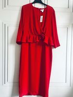 Wallis Red Chiffon Wrap Midi Dress UK 14 V-Neck 3/4 Sleeve Zip Ruffle NWT
