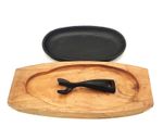 22 CM CAST IRON SIZZLER PLATTER FULL 3 Pc SET - SERVING GRILL PLATTER DISH STEAK