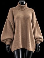 Women’s Taupe Oversized Turtleneck Knit Jumper Balloon Sleeves One Size