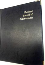 NATIONAL RECORD OF ACHIEVEMENT PVC A4 FOLDER IN Blue LEATHER LOOK WITH silver
