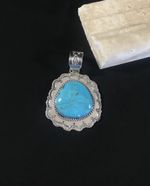 Navajo Made Kingman Turquoise Sterling Silver Hand Stamped Pendant Necklace