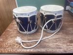 Pair Painted Wooden Military Style Drums Animal Skin Rope Leather