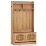 COSTWAY 4-In-1 Hall Tree Entryway Bench with Coat Rack & Flip Drawers-Natural