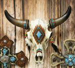 Ebros 12.5"L Southwest Steer Bison Bull Horned Skull With Feathers Wall Decor