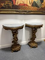 Rare Pair of Gilt Cherub Marble Console Side Tables Italian Rococo Demi Lune