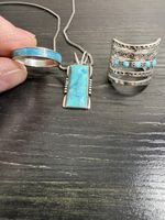 Vintage 925 Sterling Silver Turquoise Jewelry Set Pendant Necklace & Rings 