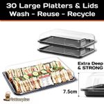 Platterplus 30 Large Reusable Black Sandwich Platter Trays with Deep Lids.