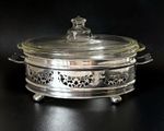 SILVER PLATE & GLASS TUREEN + LID Pyrex EPNS Plated Vegetable Oven Serving Dish