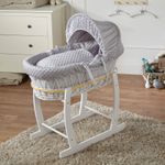 Baby Moses Basket With Stand Grey Dimple Bedding and Mattress White Wicker