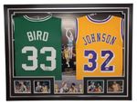 Framed LAKERS AND CELTICS LEGENDS Larry Bird and Magic Johnson Signed Jerseys