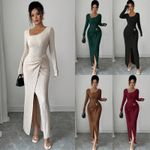 UK Women Stretch Long Sleeve Maxi Dress Split Bodycon Party Holiday Long Dresses