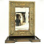 Antique Brass Wall Mirror with Wooden Ebonised Shelf
