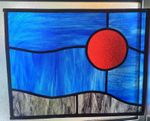 Stained Glass Leaded Window Panel Abstract Red Sun Landscape 