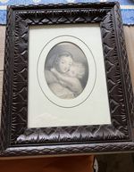 Antique Oak Carved Frame Pencil Portrait Mother & Child Beautiful Detail