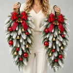 Retro Style Christmas Atmosphere Decor Set Red Bow Holiday Wreath Set Front Door