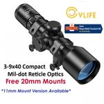 CVLIFE 3-9x40 Rifle Scope Compact Crosshair Mil-dot+Lens Covers + 20mm Mounts