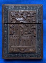 Antique Anglo-Indian Micro Mosaic Sandalwood 2 Piece Card Case Temple Bird 19th