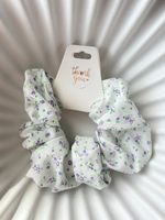 Handmade White Flower Scrunchie | Purple Green Floral Fabric Hair Accessory