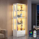 Tall Display Cabinet w/ Glass Doors & Bottom Drawer,5-Tier LED Curio Cabinets