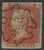 SG 8 1d red-brown. Plate 26. Lettered N.B. Very fine used. 4 margins.