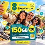 1 x EE PAYG SIM Card 4G 5G 150GB Data Unlimited Mins & Texts £20 Pack - 3in1 SIM