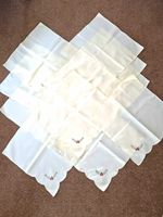 Vintage Xmas Set of 12 Cream Fabric Napkins Embroidered Scalloped Edge Square
