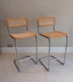 Pair of Cesca Marcel Breuer Style Cane and Chrome Kitchen/Bar Stools