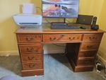 Vintage Style Pedestal Desk With green Leather Top And Matching Captains Chair