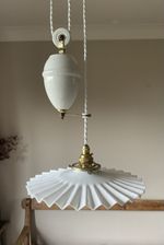 French Art Deco White Fluted Glass Ceramic and Brass Rise & Fall Light Fitting