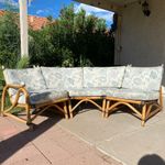 Vintage Paul Frank Pretzel Style Hawaiian Rattan Outdoor Sectional Floral Sofa