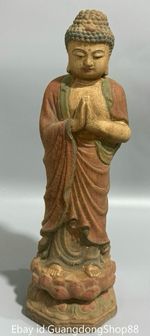 12" Old China Wood Painted Carving Feng Shui Stand Shakyamuni Buddha Statue