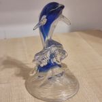 Vintage Cristal d’Arques France Blue&Clear Lead Crystal Dolphin on Wave Figurine
