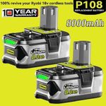 2 PACK 18V 8.0Ah Lithium Battery For Ryobi P108 ONE+ Plus RB18L40 RB18L50 P104