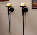 Pair Large Gothic Black Iron Wall Candle Sconces 60cm Medieval Victorian Style