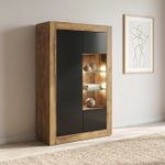Display Cabinet Storage Cabinet Bookcase LED Oak Body Black Matt Doors 140cm