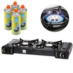 Portable Butane Double Twin Dual Burner Camping BBQ Gas Stove Cooker + 8 Refills