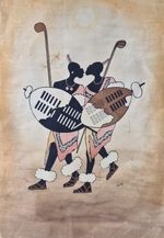 Vintage African Batik Waxed Textile Art Zulu Warriors Signed *Waligo* 70 x43 cm