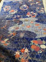 Japanese kimono silk fabric 14"x47"/ blue base flower balls BC33