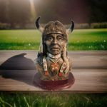 Resin Native American Chief Head Horns Bust Statue 6.5” Figure Braids Wood Base