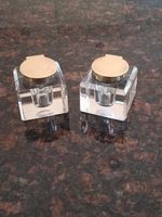 PAIR OF ANTIQUE BRASS HINGED TOPPED SOLID GLASS INKWELL & INK BOTTLES.