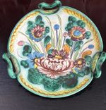 Unusual Vintage Hand Painted Italian Majolica Tri Handled Serving 9.5” Plate