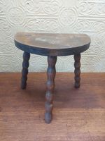 Vintage French Wooden Milking Stool With Flat Back & Bobbin Legs 